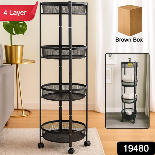 Freestanding black 4-tier round mesh storage rack with smooth swivel wheels