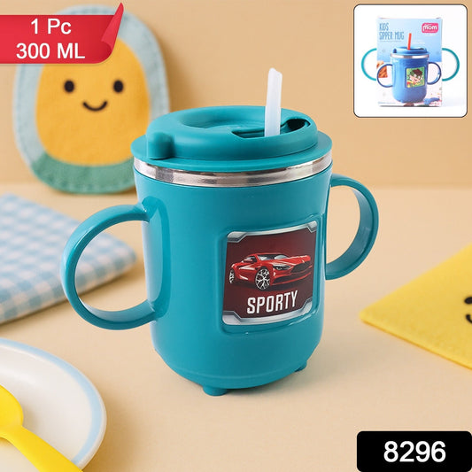 Spill-proof kids sporty sipper mug featuring built-in straw and handles