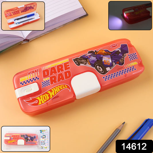 Top-down view of the LED Light Pencil Box revealing dual-layered compartments.