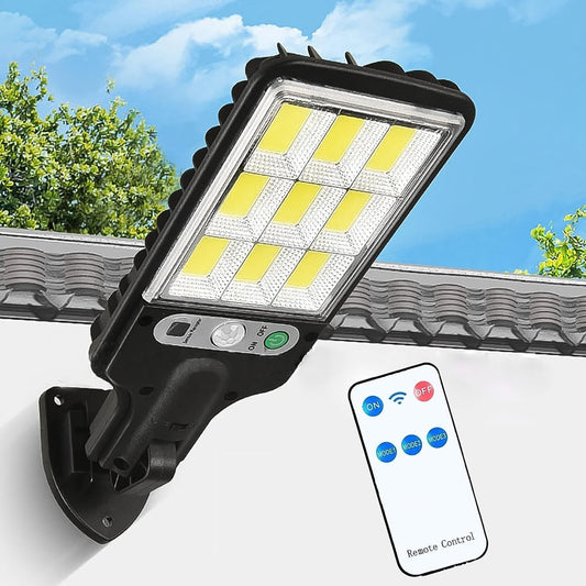 High-lumen solar LED street lamp mounted outdoors providing bright light