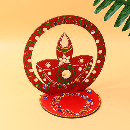 Handcrafted wooden decorative diya stand with hand-painted artwork and stones
