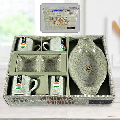A complete six-piece Ceramic Snack & Tea Set from Serve Stellar, featuring four ceramic cups, a snack platter, and a two-compartment chutney bowl.