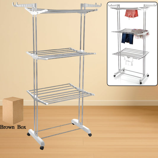 3-tier foldable Cloth Drying Stand in stainless steel with wheels, shown open for use.