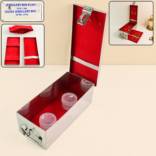 Elegant stainless steel Jewellery Storage Box with a secure lock and plush red velvet interior.