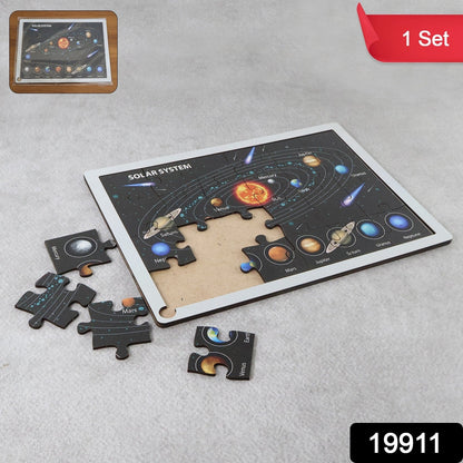 Close-up of wooden solar system puzzle pieces showing interlocking planets