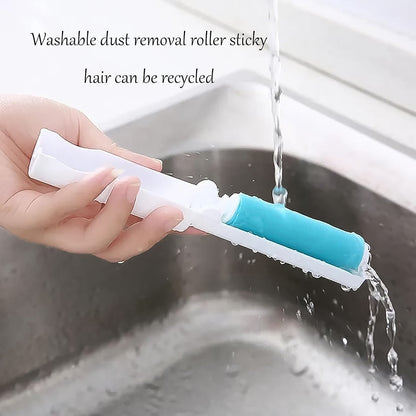 A hand demonstrates the reusable lint roller effectively cleaning fabric.