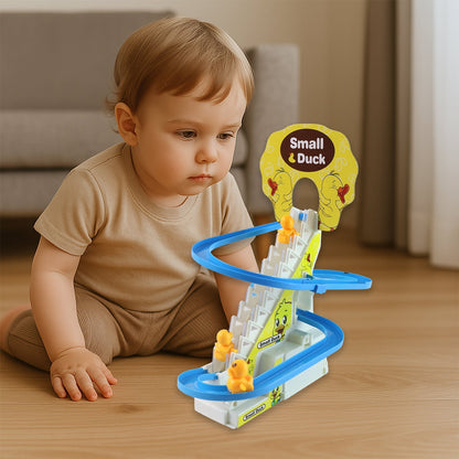 Lifestyle image of duck climbing stairs toy interactive playset