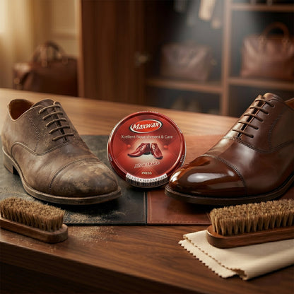 Easy to apply brown shoe polish cream in its convenient compact packaging.