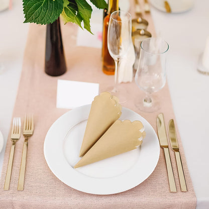 Close-up of scalloped edge napkin in brown and white dual color