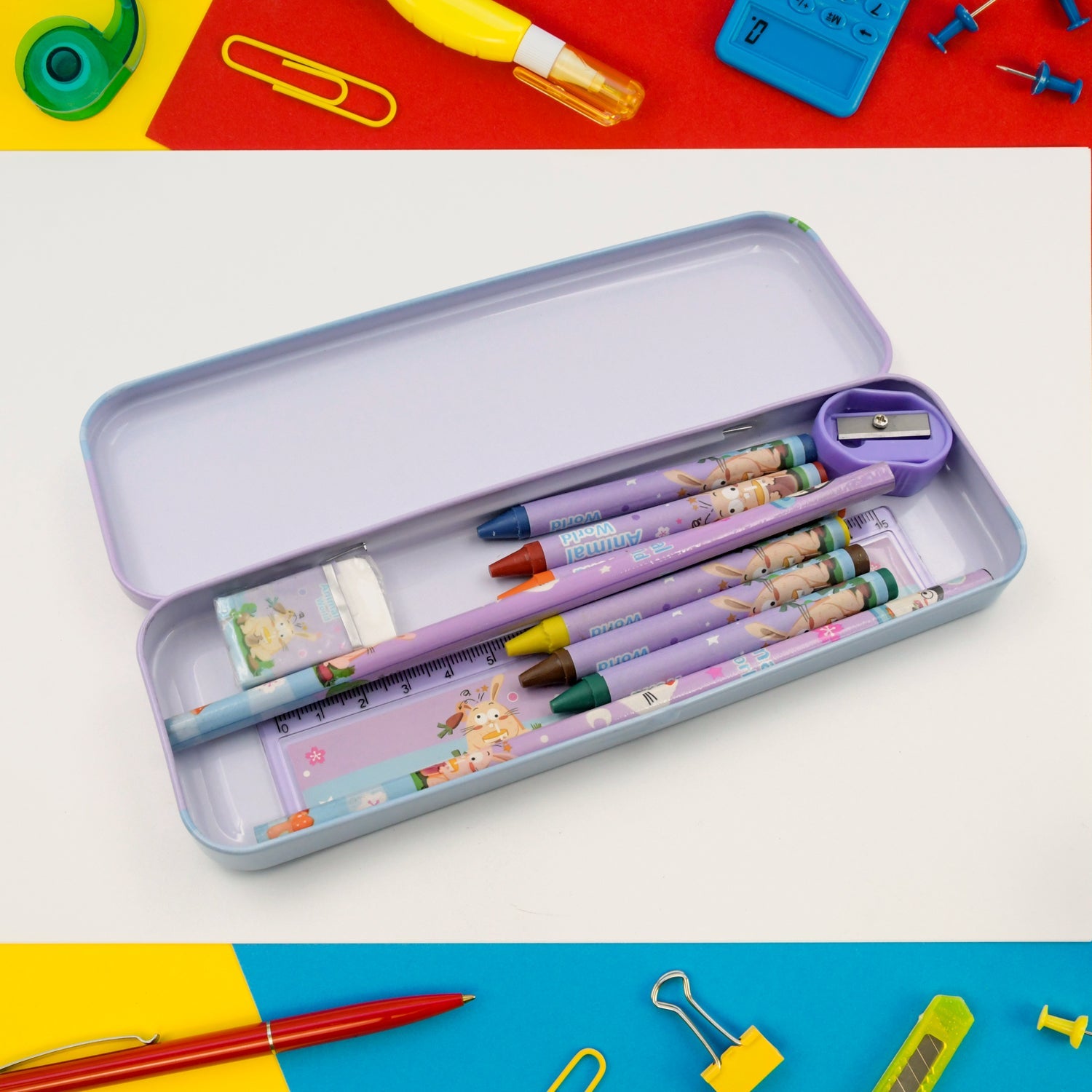 Close-up of essential stationery items from the 12-piece kids kit, highlighting crayons.