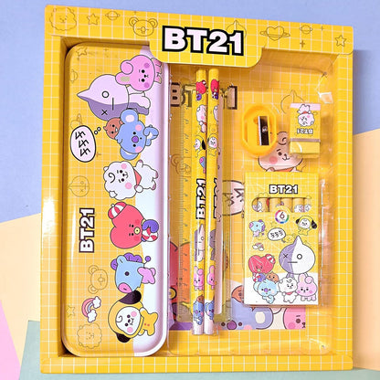 Organized metal pencil box and stationery set for kids with sharpener, pencils, and erasers.