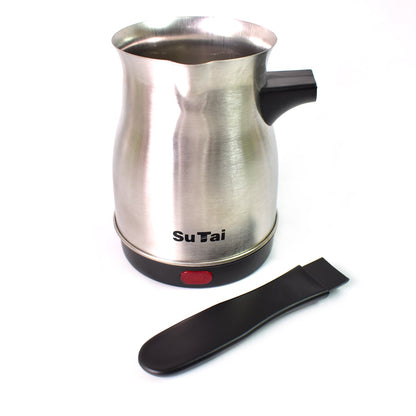 Electric coffee and tea maker ready for use, demonstrating its compact and functional design.
