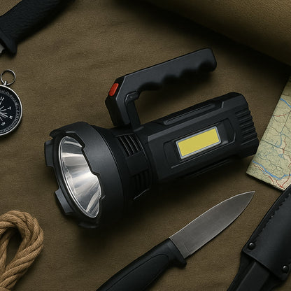 Heavy-duty rechargeable USB torch with focused LED front light and wide COB side illumination