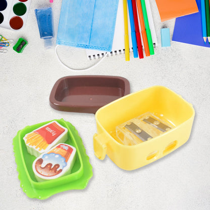 Side angle view of burger shape double hole sharpener for school kids
