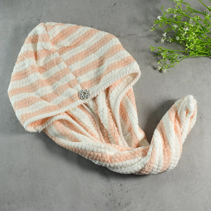 Hair drying towel wrap with loop and teddy bear button for secure fit