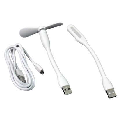 A compact Portable USB Fan Set with a mini fan, LED light, and micro USB cable, shown ready for use.