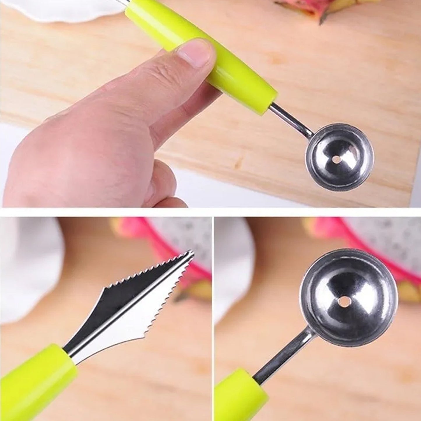 Elegant fruit ball scoop creating uniform spheres for dessert garnishes.