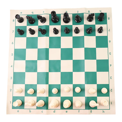 Compact folding chess set with vinyl board and plastic chess pieces