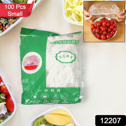 A selection of colorful elastic food covers sealing different food items like fruits and vegetables.