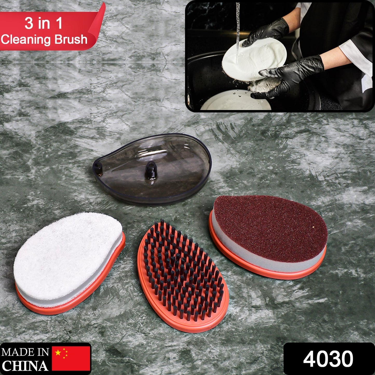 Multipurpose cleaning brush effectively scrubbing a dish with soap and water.