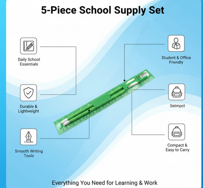 Close-up of the durable plastic ruler from the essential school supply set.