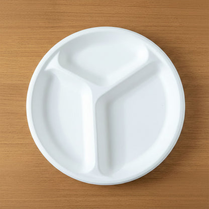 Set of compostable 10 inch section plates made from renewable bagasse