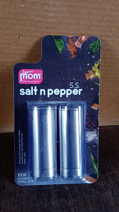 Vertical image of Supermom stainless steel salt and pepper shaker set