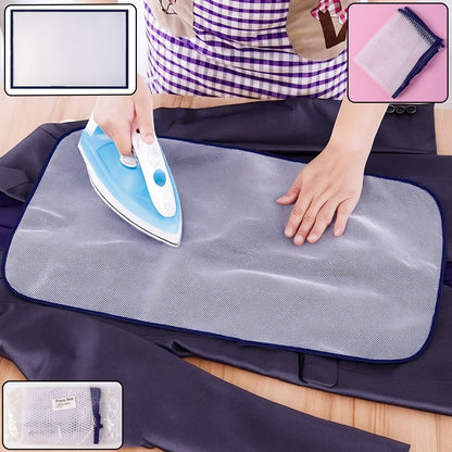 Large mesh ironing press net laid over a garment protecting fabric during ironing