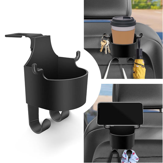 Car headrest organizer showing 3-in-1 cupholder, phone holder, and hooks attached to backseat headrest