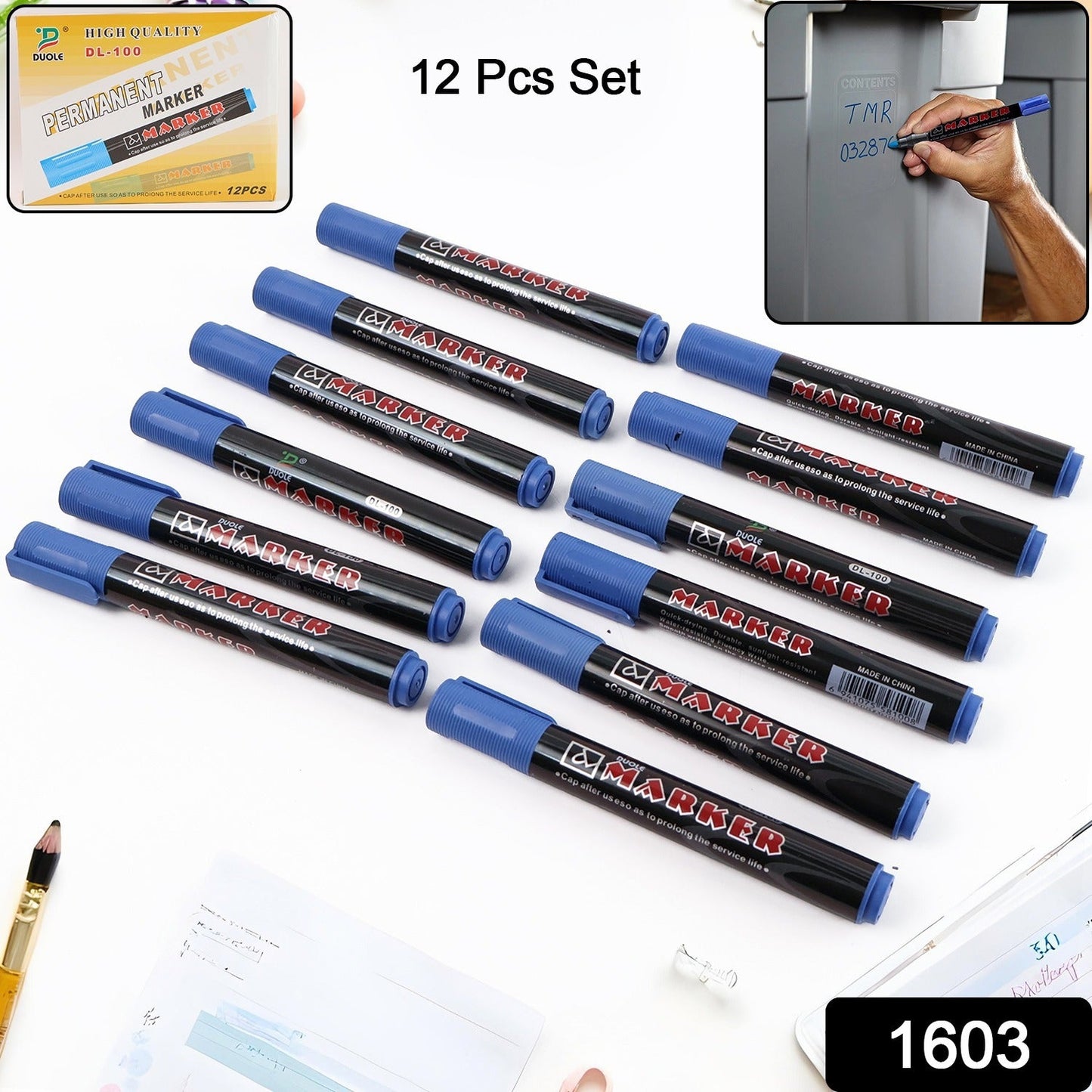 Close-up of permanent blue marker pens in a 12-pack set