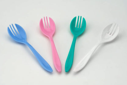 Set of 10 durable plastic dinner forks for family meals.
