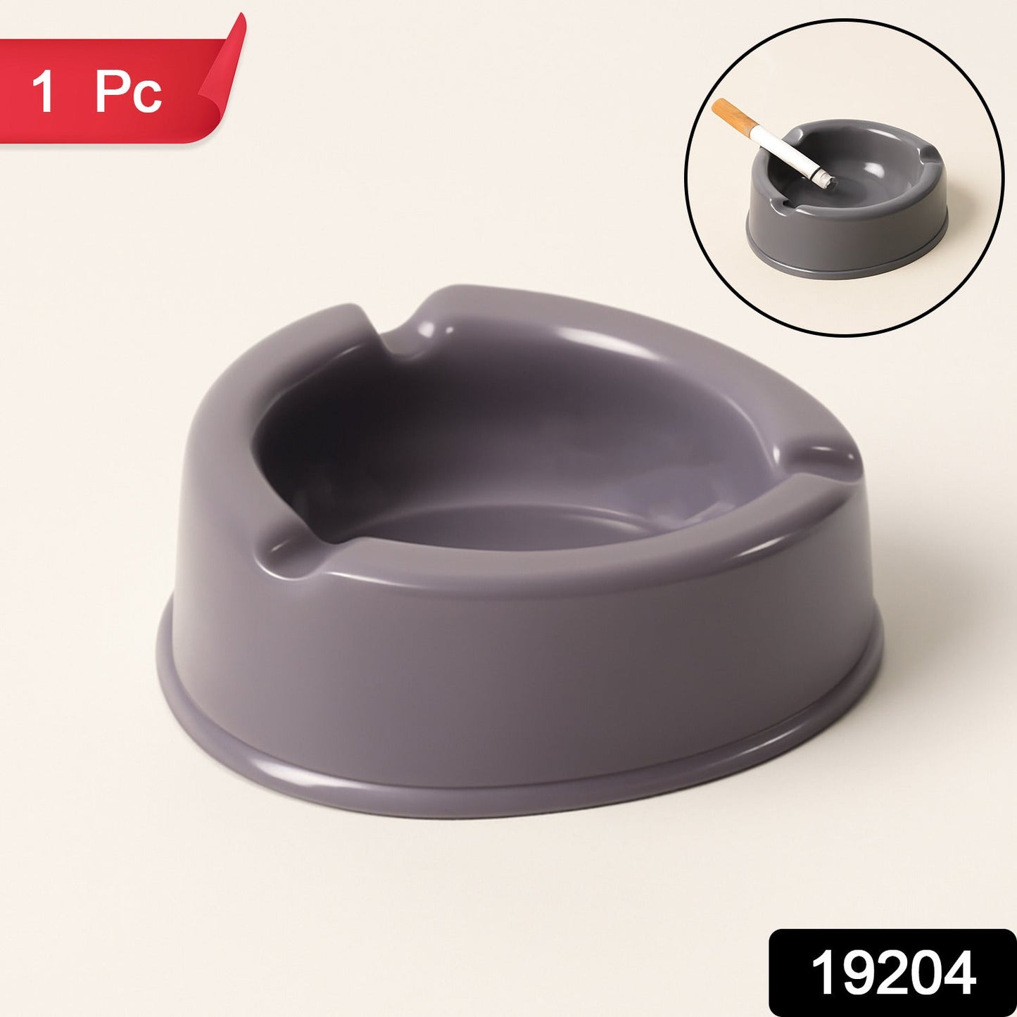 Heavy-duty grey plastic ashtray holding cigarettes securely