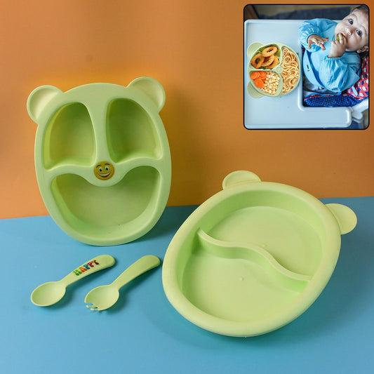 Kids Mealtime Feeding Set with 2 sectioned plates and 2 spoons in bear-ear design