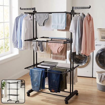 Expandable metal garment rack with three layers for drying clothes.