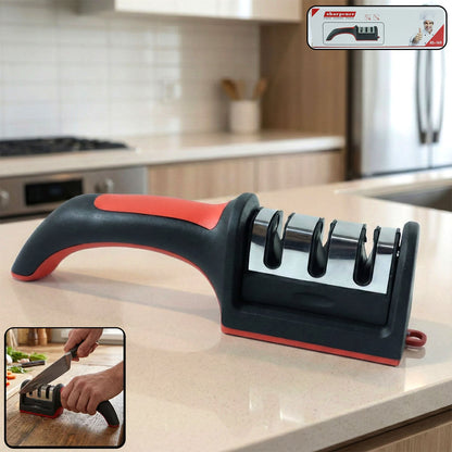 Red and black 3-stage manual knife sharpener for home kitchen use.
