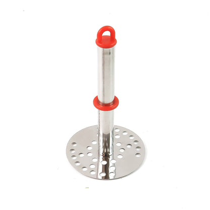 Potato masher hanging on kitchen rack using the hanging loop