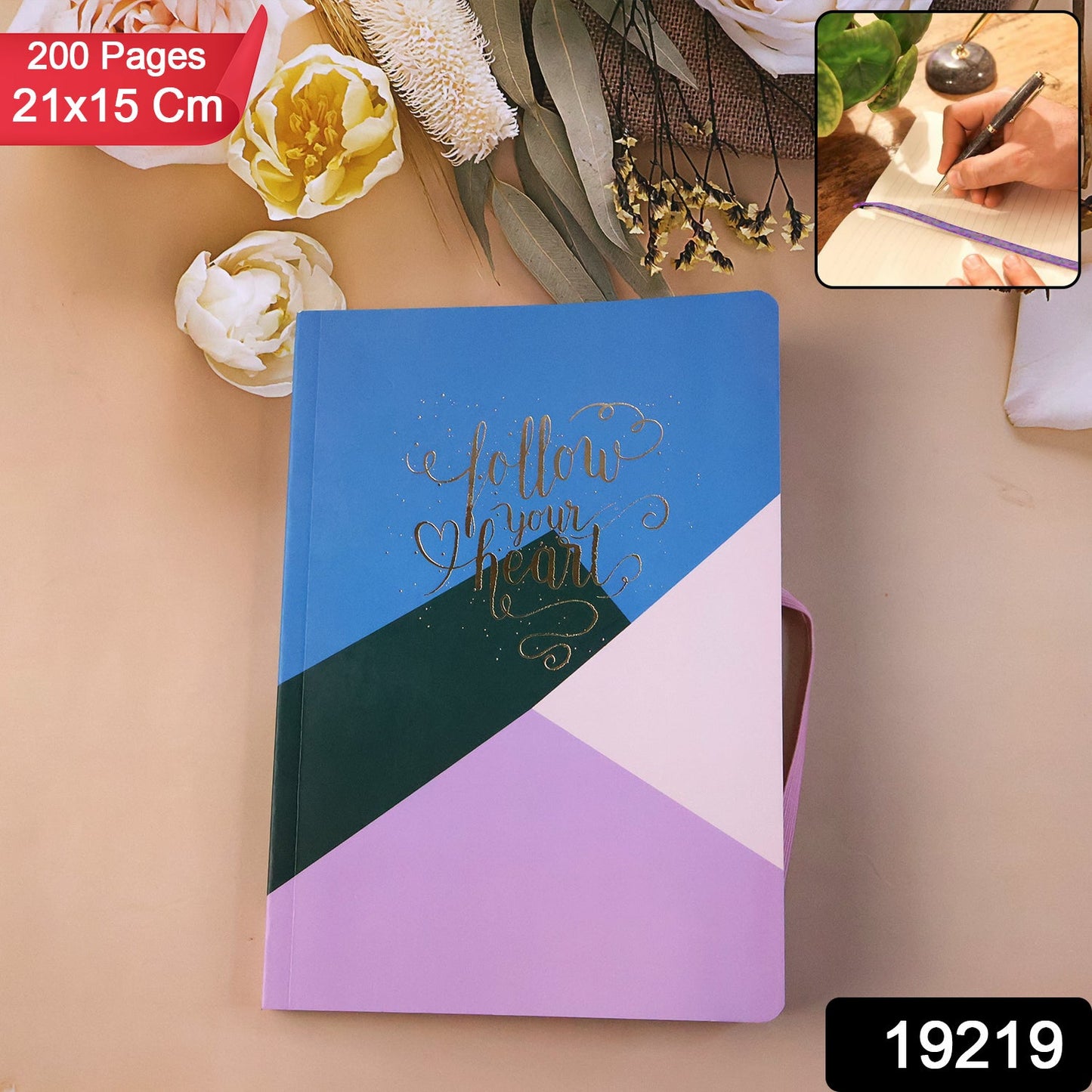 Side view of hardcover ruled notebook showing notebook thickness