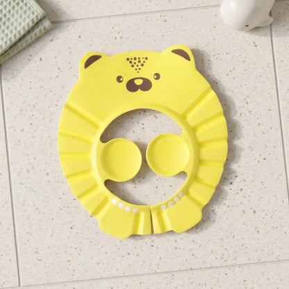 An infant wears a baby bath hair protection hat, made from soft waterproof material for gentle care.