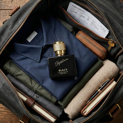 Stylish compact black perfume bottle for travel