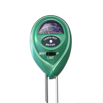 Informative graphic of the soil tester's functions: measuring moisture, pH, and light.