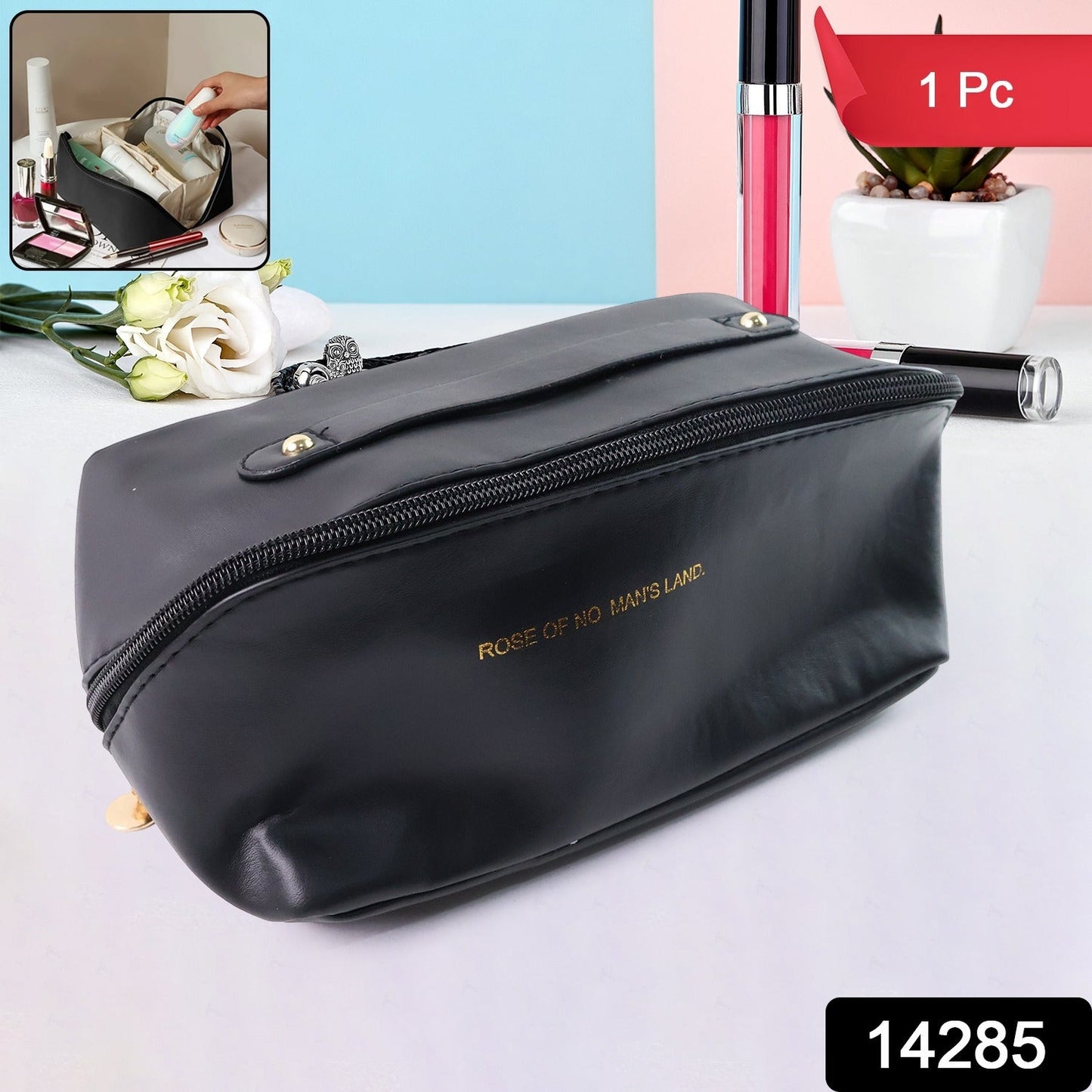 Compact zippered black travel makeup pouch with internal compartments