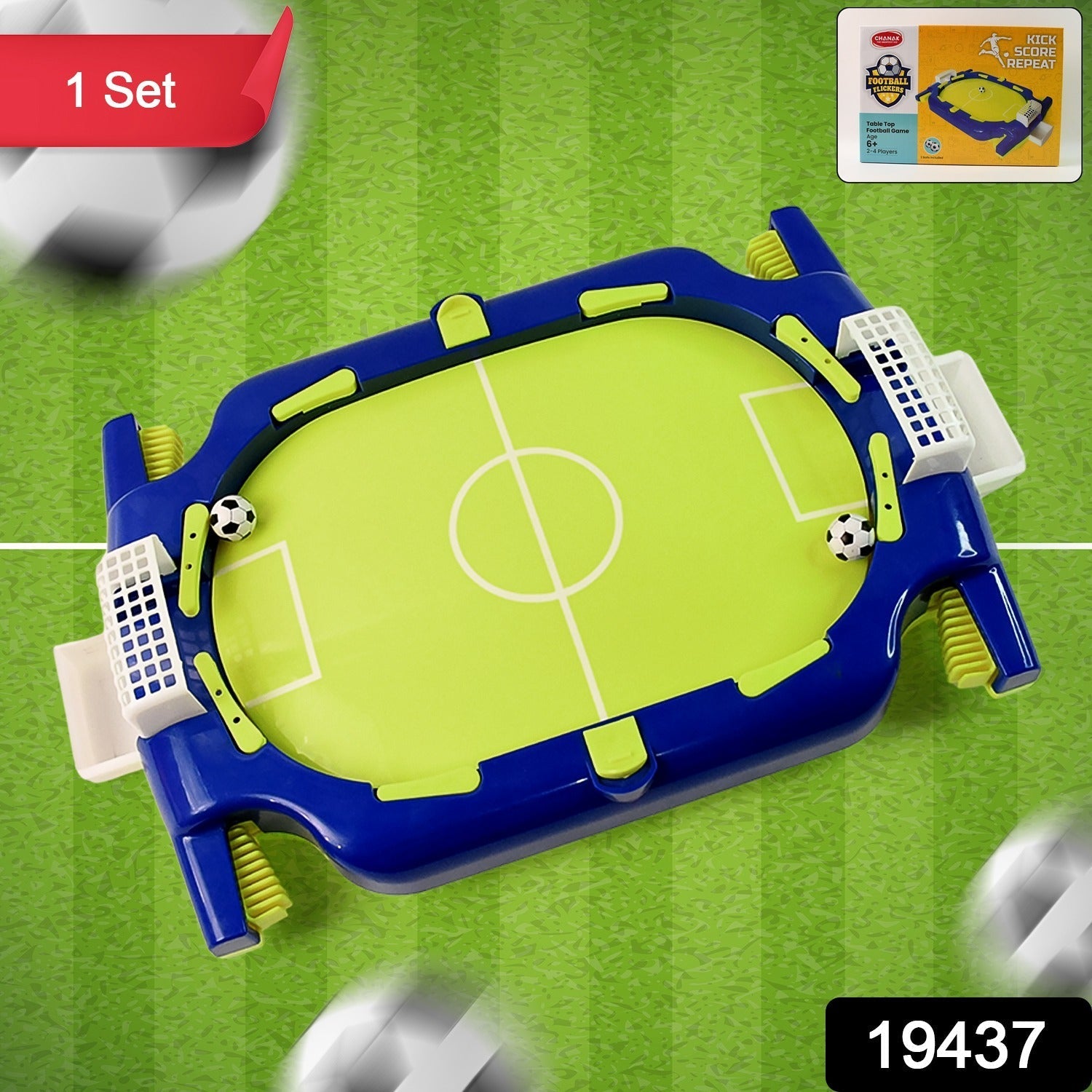 Interactive tabletop soccer flick game showing playing levers and dual goals