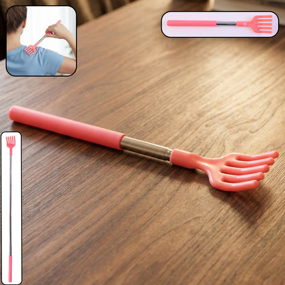 Telescopic back scratcher with soft silicone claw, fully extended for reach.