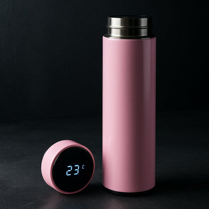 Pink smart vacuum insulated water bottle with LED temperature display