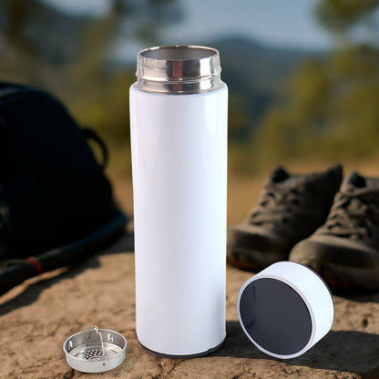 Close-up of white vacuum insulated water bottle with smart LED screen