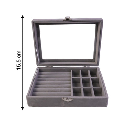 Full view of velvet jewelry organizer box with compartments