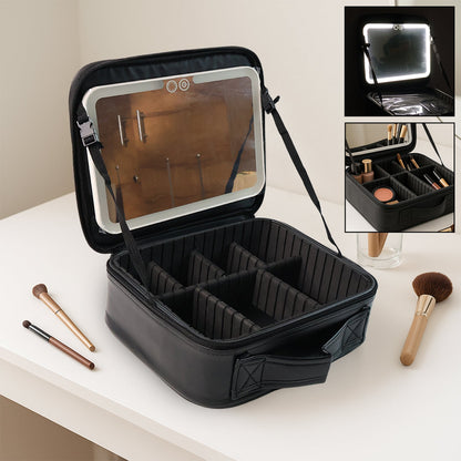 Black LED light makeup organizer box with touch sensor mirror and USB charging port