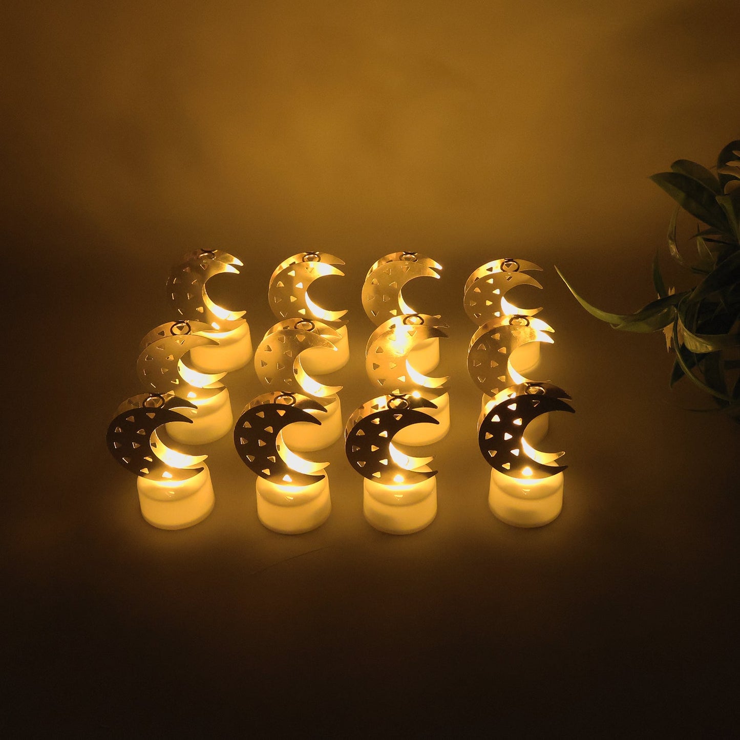 Moon shaped flameless LED candles enhancing cozy home décor ambiance