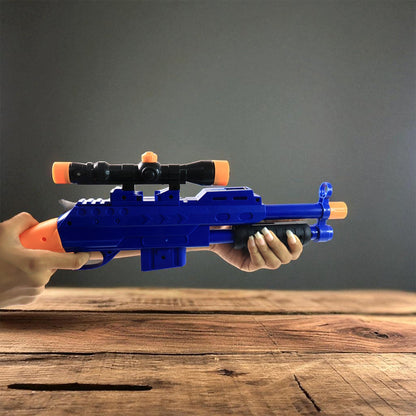 Toy shooting gun with ergonomic grip and plastic scope attachment